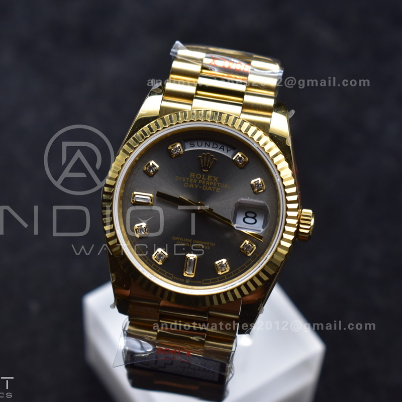 DayDate 36 YG QF Best Edition 904L Steel Grey Dial with Square Diamond on President Bracelet vr3255 V5 (Gain Weight)